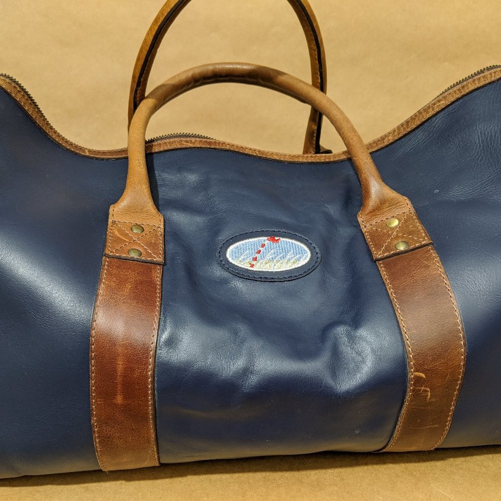 F H Wadsworth bag, duffle, duffel , weekender bag genuine leather, navy blue